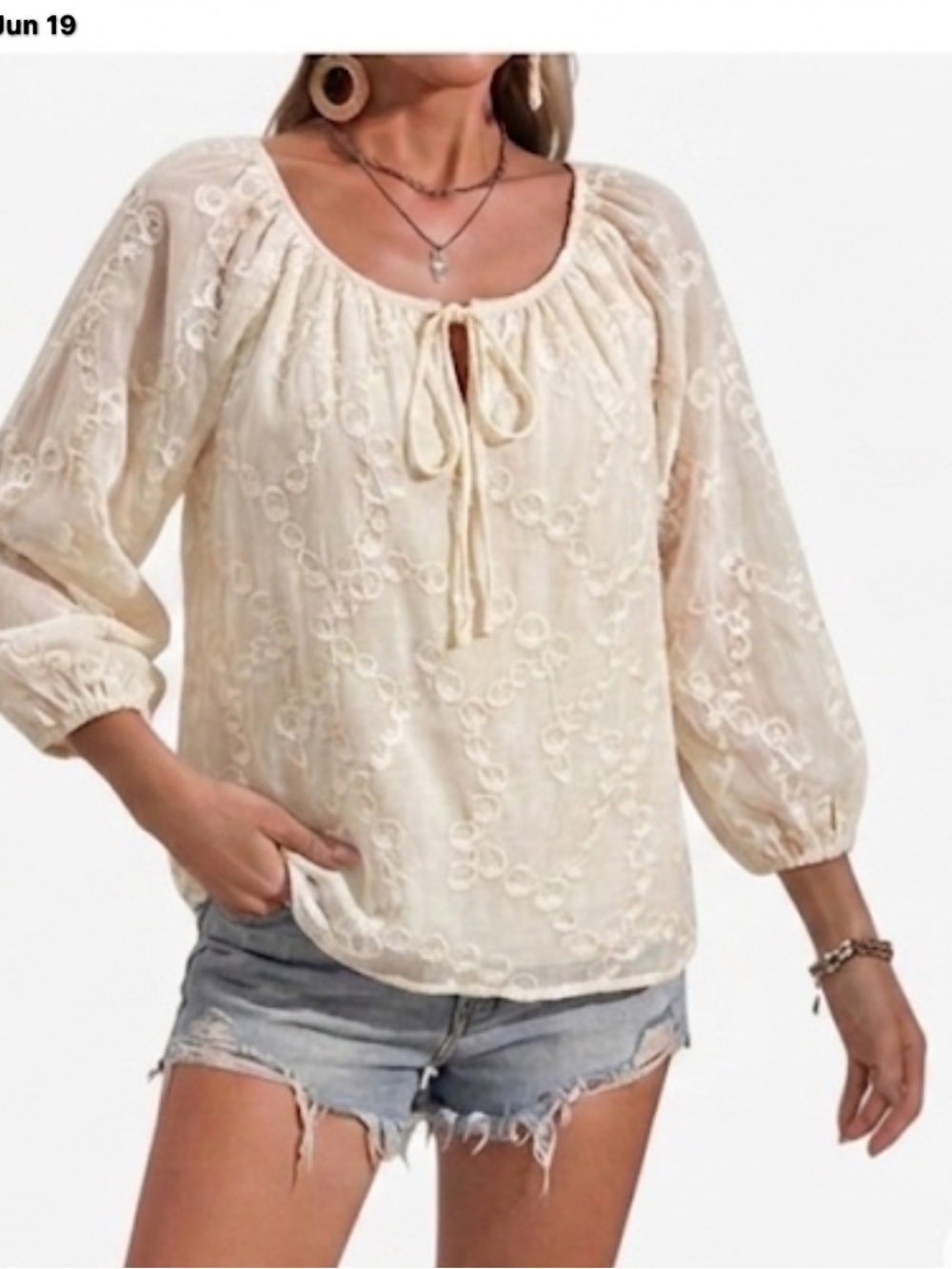 Ivory Peasant Blouse Sheer Circle Eyelets Size Medium